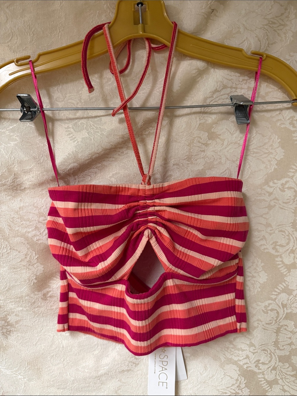 NWT L*Space Striped Crop Top in tan, fuchsia & orange.
